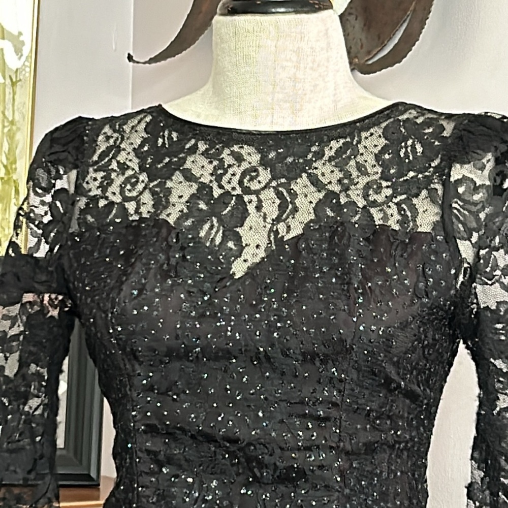 Vintage Black Sequin & Lace Cocktail Dress 4 - Picture 3 of 11